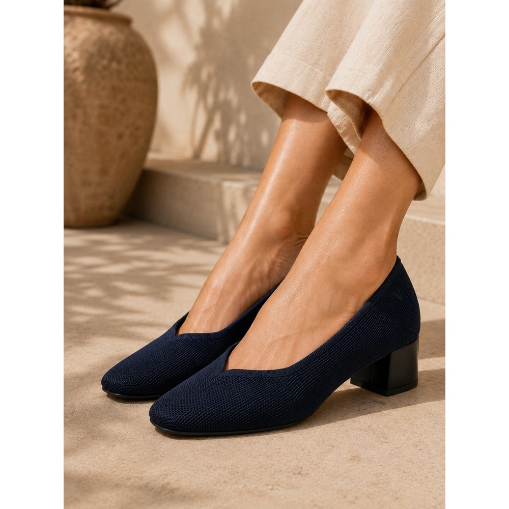 VIVAIA Dark Navy Square Toe Knit Block Heel Pumps Comfort EU 38.5 US 7.5